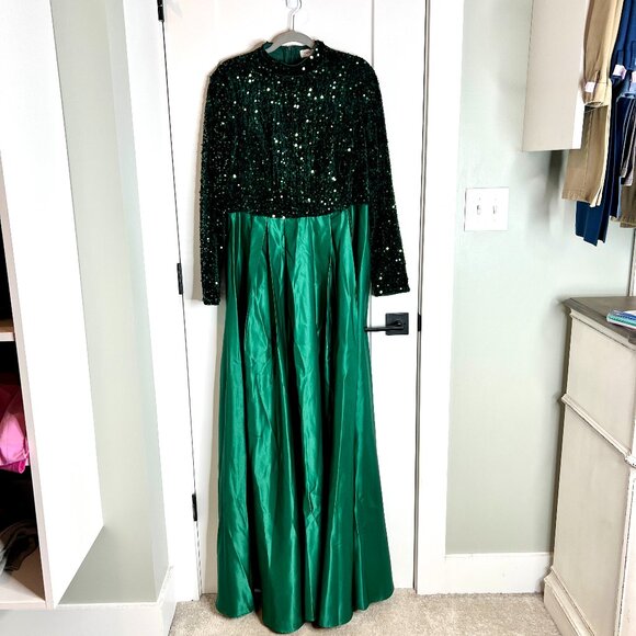 Faeriesty Emerald Green Jewel Tone A-Line Sequin Velvet Maxi Gown Cocktail 2XL - Picture 1 of 5